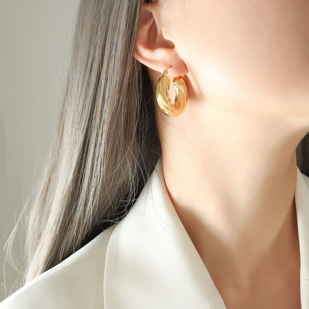 Retro Style Round Titanium Steel Plating 18K Gold Plated Hoop Earrings - Picture 2 of 8